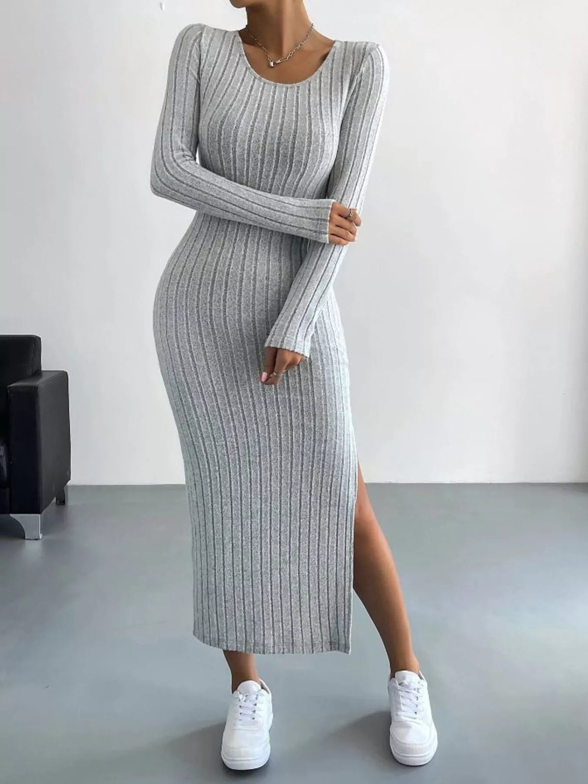 Anneli Knit Dress with Ribbed Bodycon Fit and Side Slit