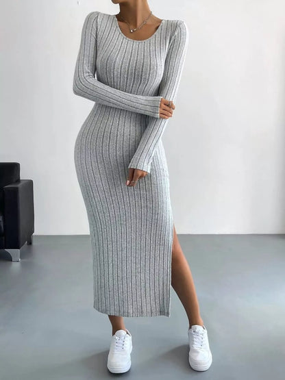 Anneli Knit Dress with Ribbed Bodycon Fit and Side Slit