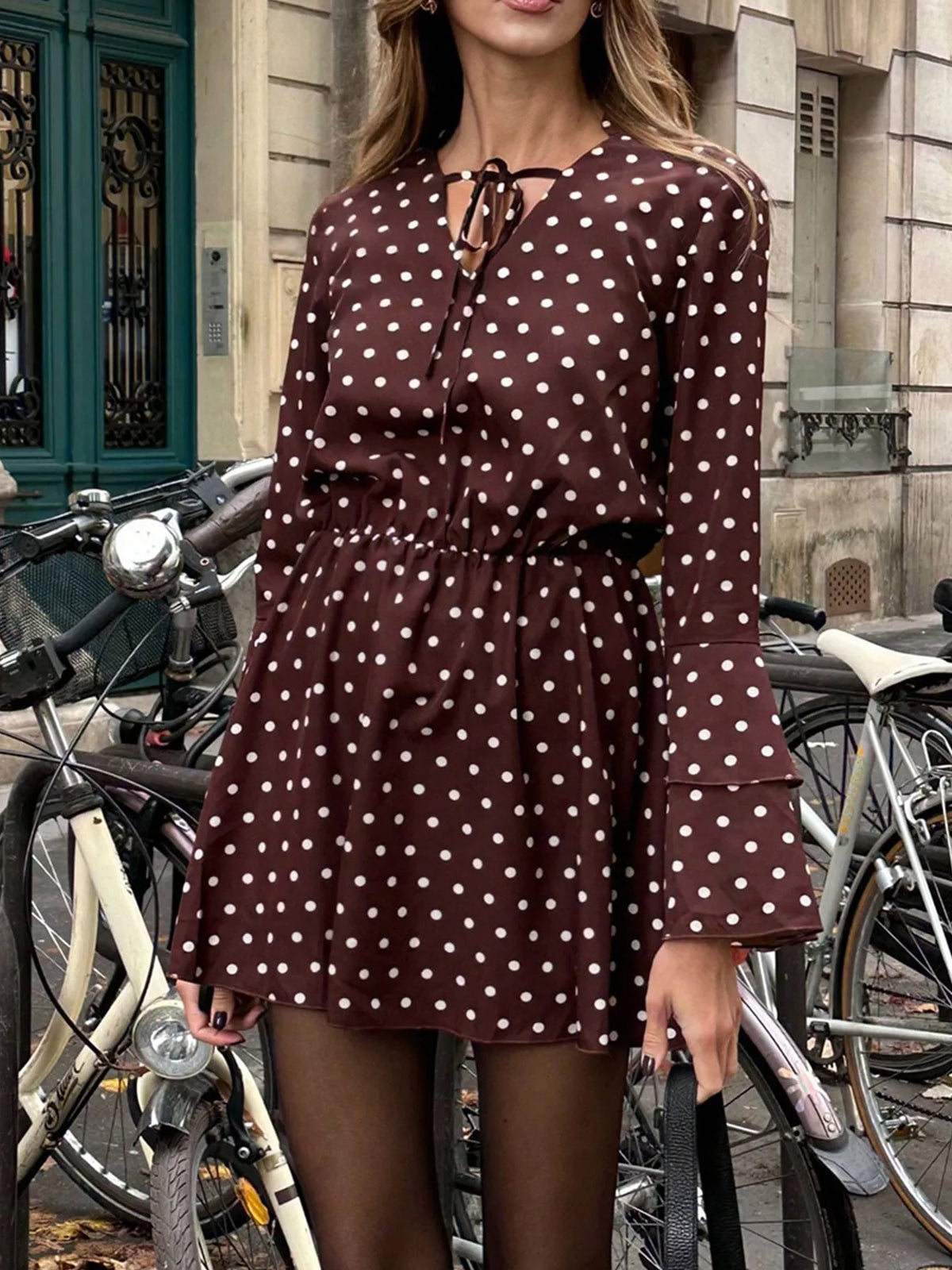 Honor Long Sleeve Mini Dress with Polka Dots and Tie Neck