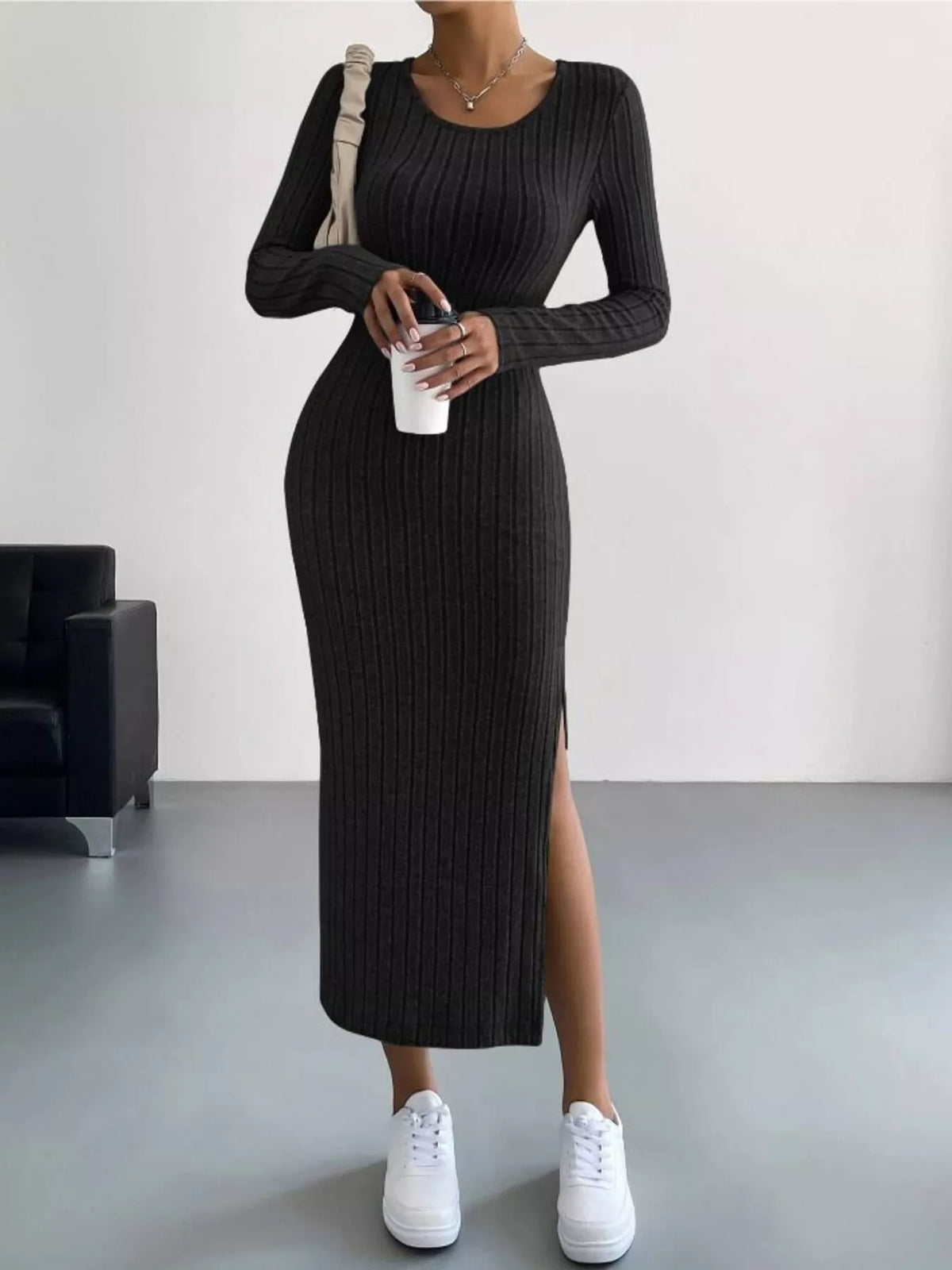Anneli Knit Dress with Ribbed Bodycon Fit and Side Slit