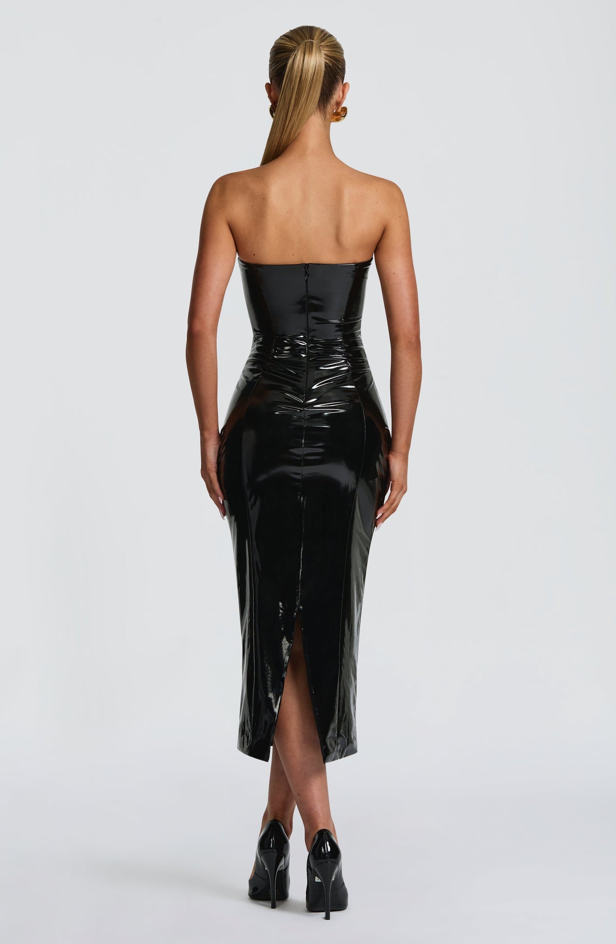 Rory Black Dress with Strapless Neck and Patent Finish