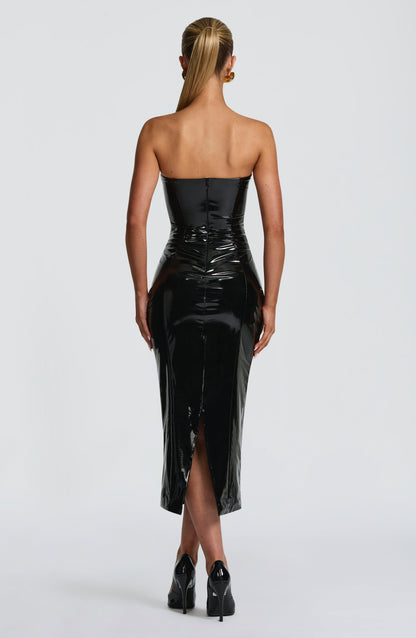 Rory Black Dress with Strapless Neck and Patent Finish