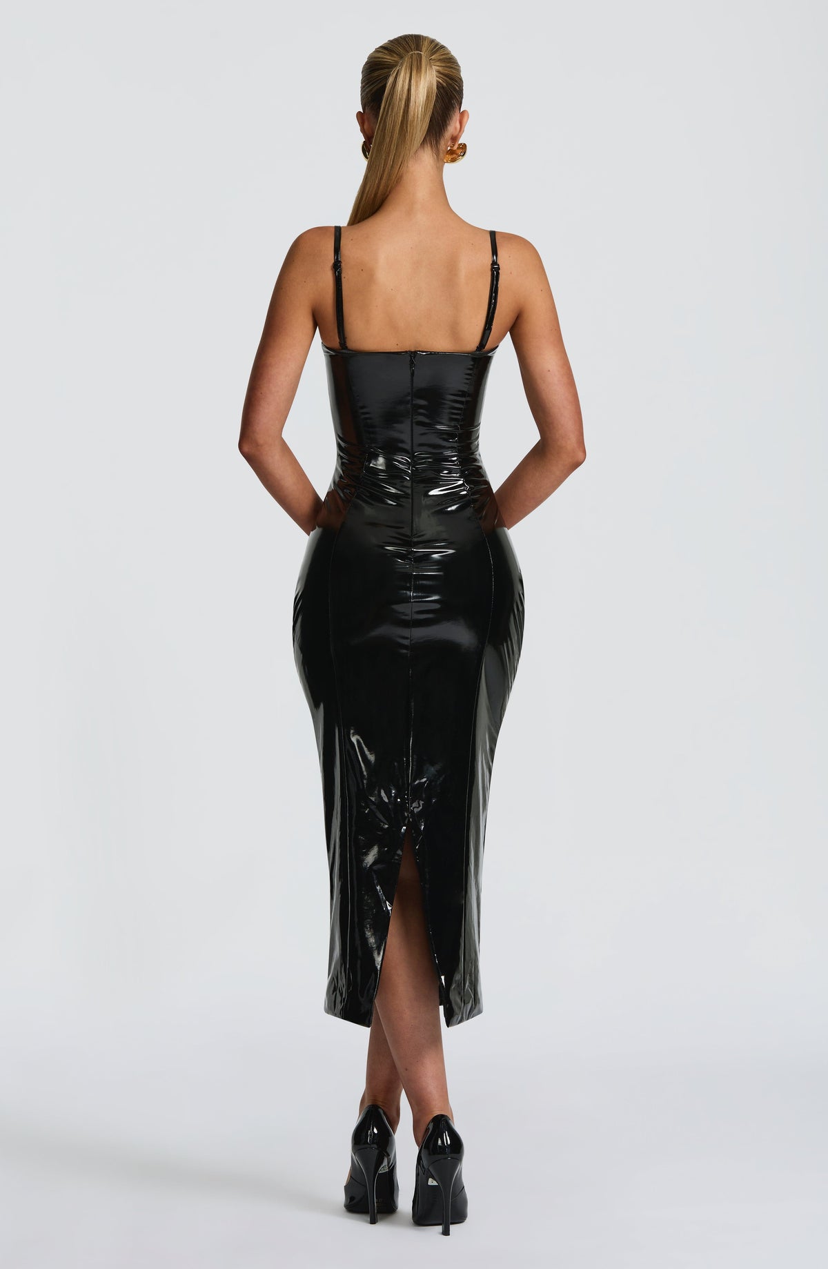 Rory Black Dress with Strapless Neck and Patent Finish
