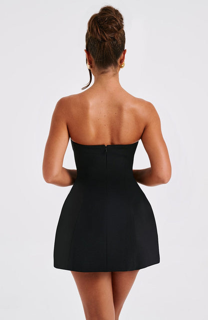 Cyra Black Mini Dress with Strapless Neck and Flared Skirt
