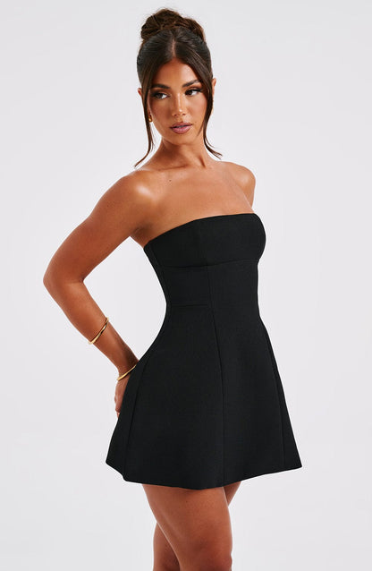 Cyra Black Mini Dress with Strapless Neck and Flared Skirt