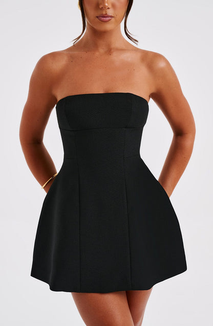 Cyra Black Mini Dress with Strapless Neck and Flared Skirt