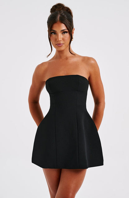 Cyra Black Mini Dress with Strapless Neck and Flared Skirt
