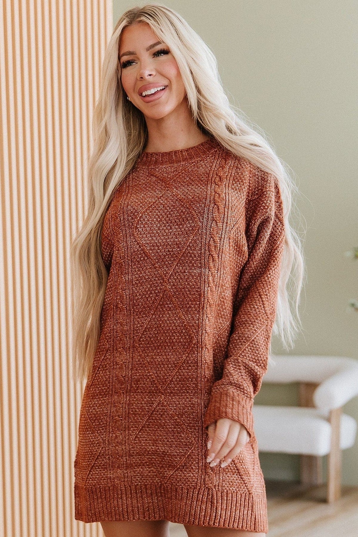 Xenia Sweater Dress with Cable Knit and Mock Neck