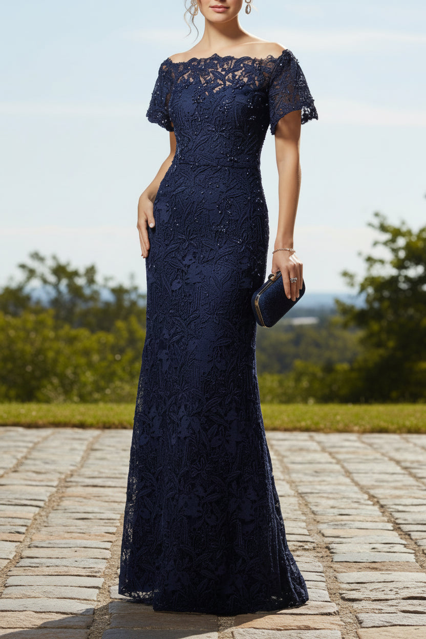 Kate Evening Gown with Off Shoulder Lace and Sheath Cut