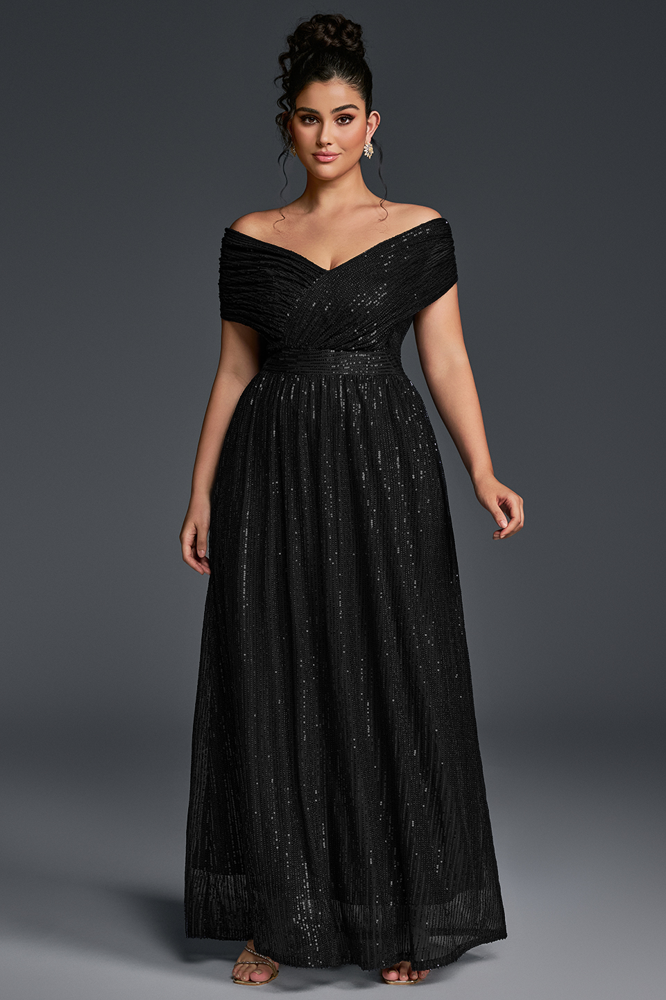 Gaia Sequin Dress with Off-Shoulder Neck and Empire Waist