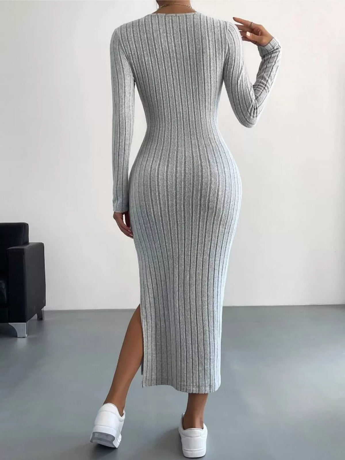 Anneli Knit Dress with Ribbed Bodycon Fit and Side Slit
