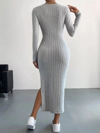Anneli Knit Dress with Ribbed Bodycon Fit and Side Slit