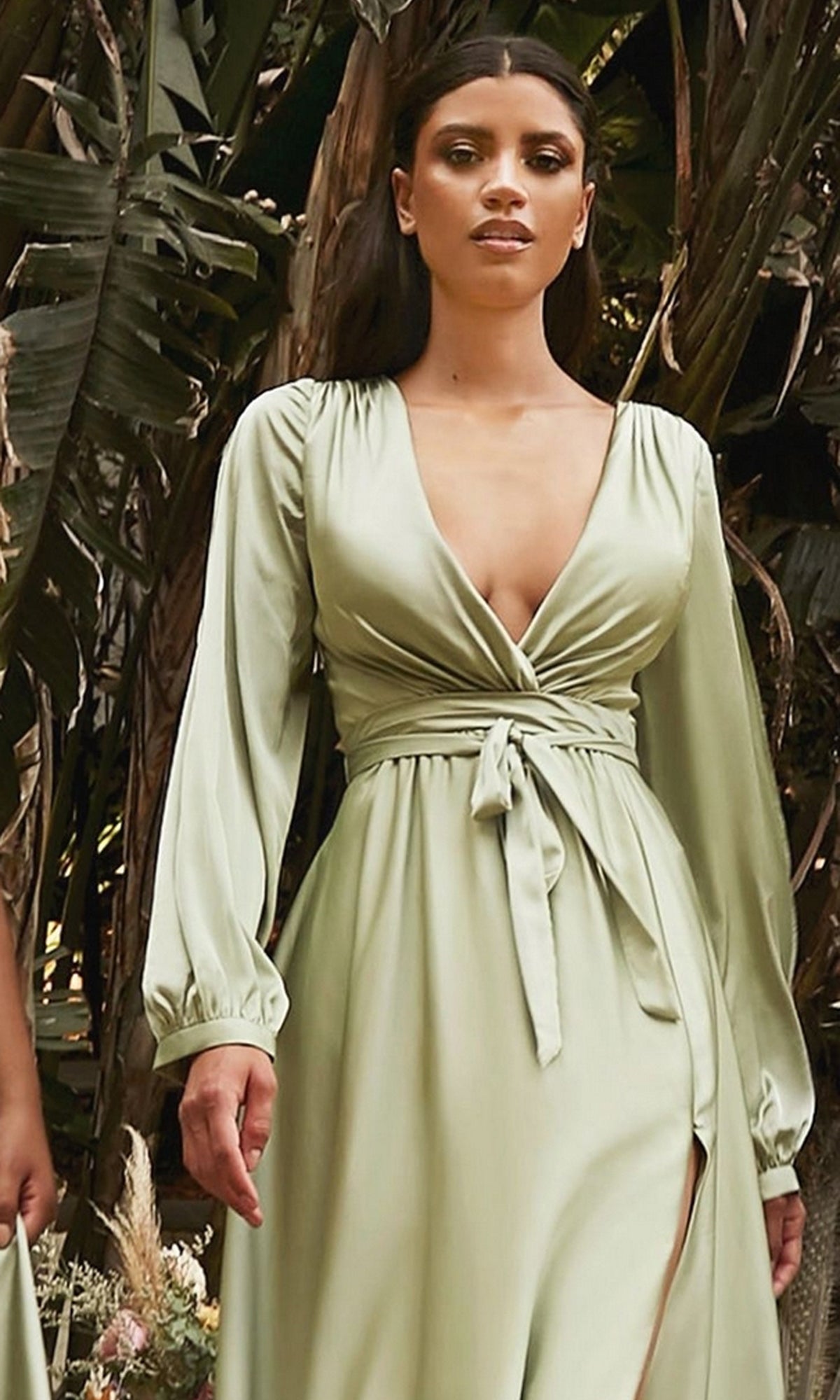Rue Long Sleeve Dress with Wrap Front and High Slit