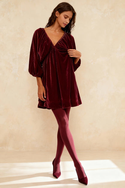 Juno Velvet Dress with Wrap Front and Balloon Sleeves