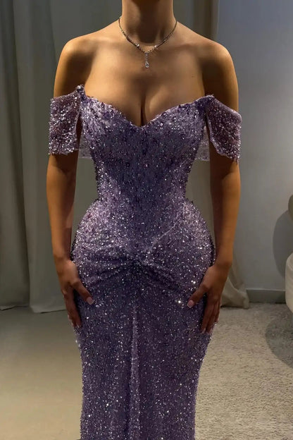 Willa Sequin Dress with Off-Shoulder Neck and Beading