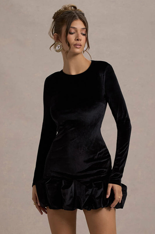 Dahlia Velvet Dress with Long Sleeves and Ruffle Hem