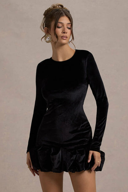 Dahlia Velvet Dress with Long Sleeves and Ruffle Hem