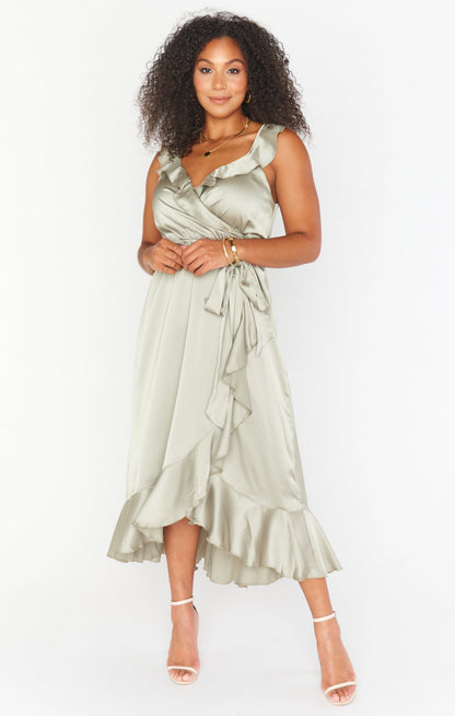 Leonor Green Dress with Wrap Front and Ruffle Trim
