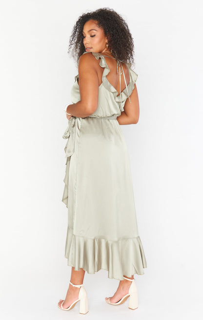Leonor Green Dress with Wrap Front and Ruffle Trim
