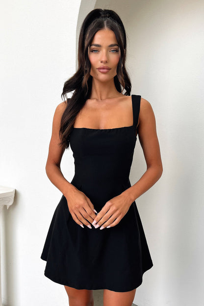 Laurence Black Dress with Square Neck and Flared Mini Skirt