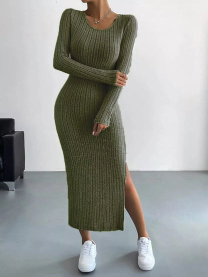 Anneli Knit Dress with Ribbed Bodycon Fit and Side Slit