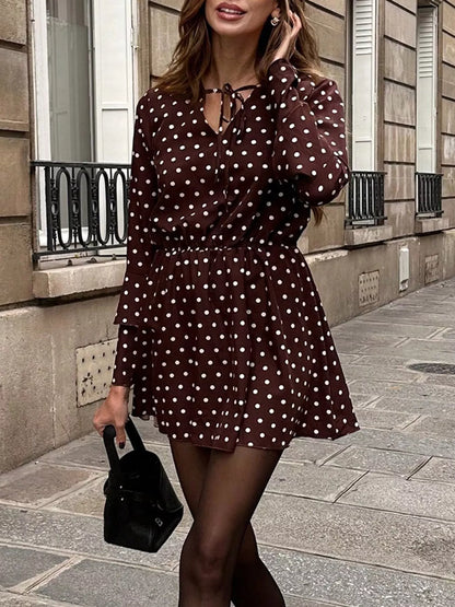 Honor Long Sleeve Mini Dress with Polka Dots and Tie Neck