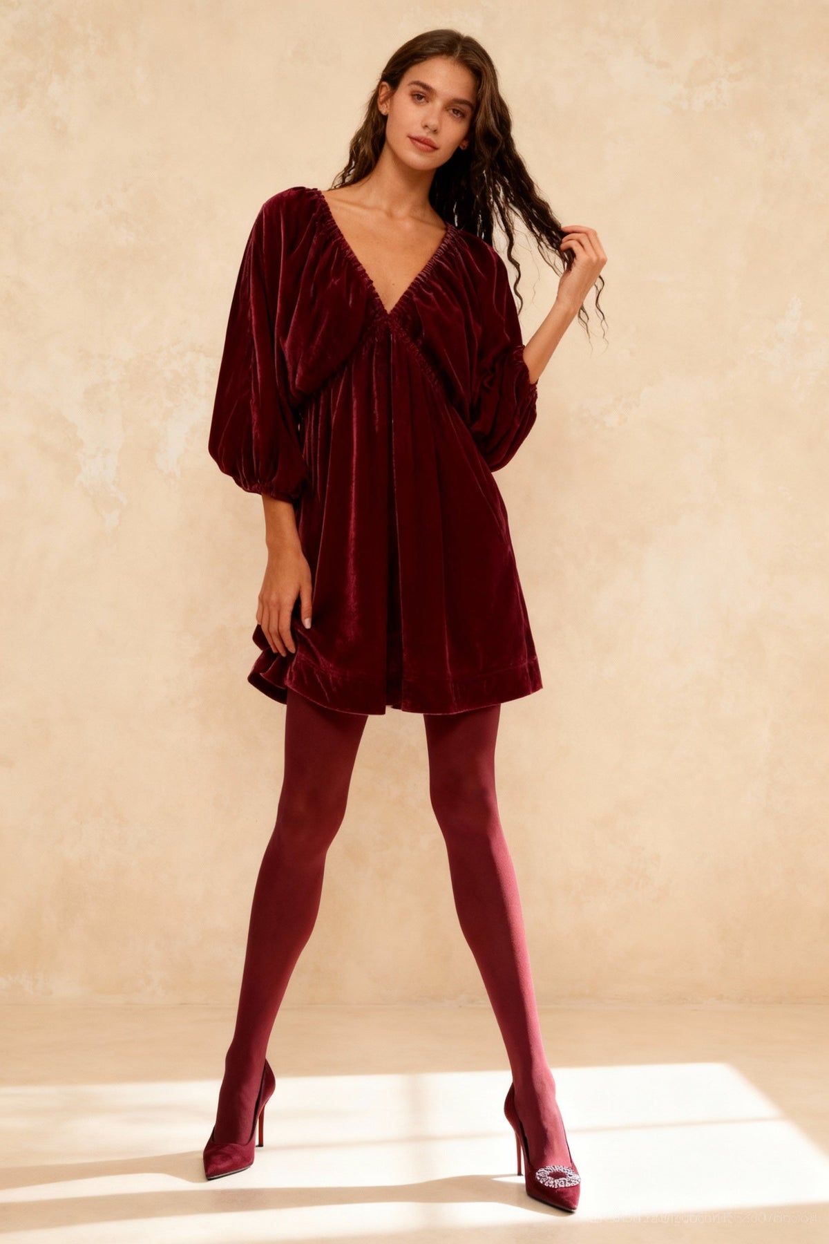 Juno Velvet Dress with Wrap Front and Balloon Sleeves