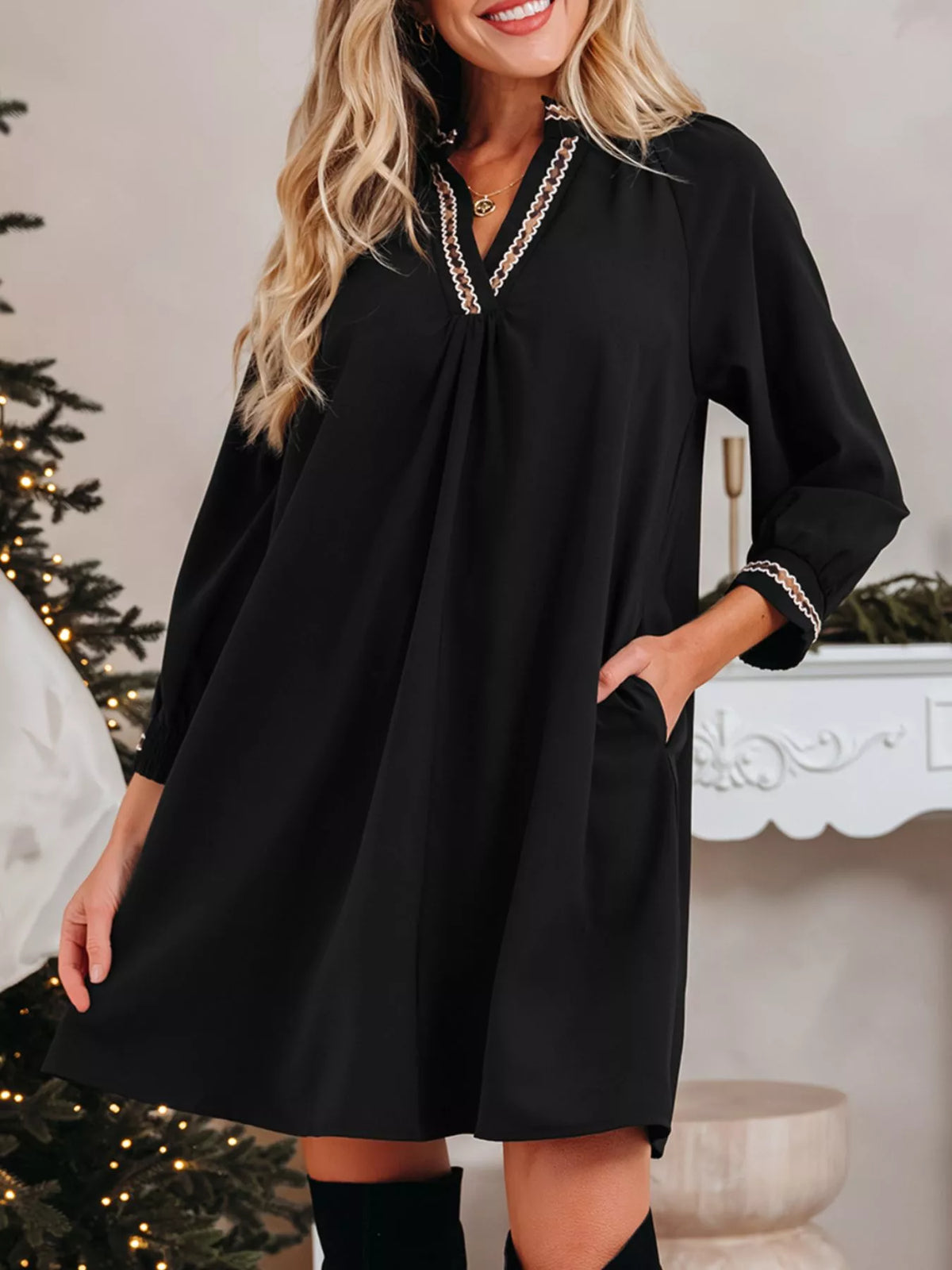 Opal Black Mini Dress with Contrast Trim and Shift Fit