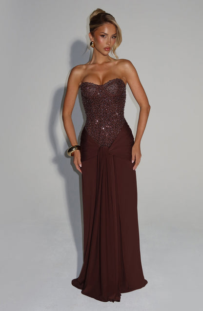 Carina Burgundy Satin Maxi Dress