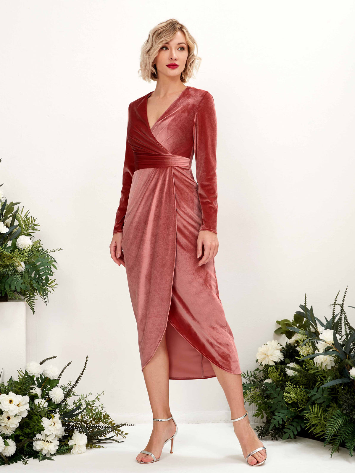 Elowen Velvet Dress with Wrap Front and Draped Skirt