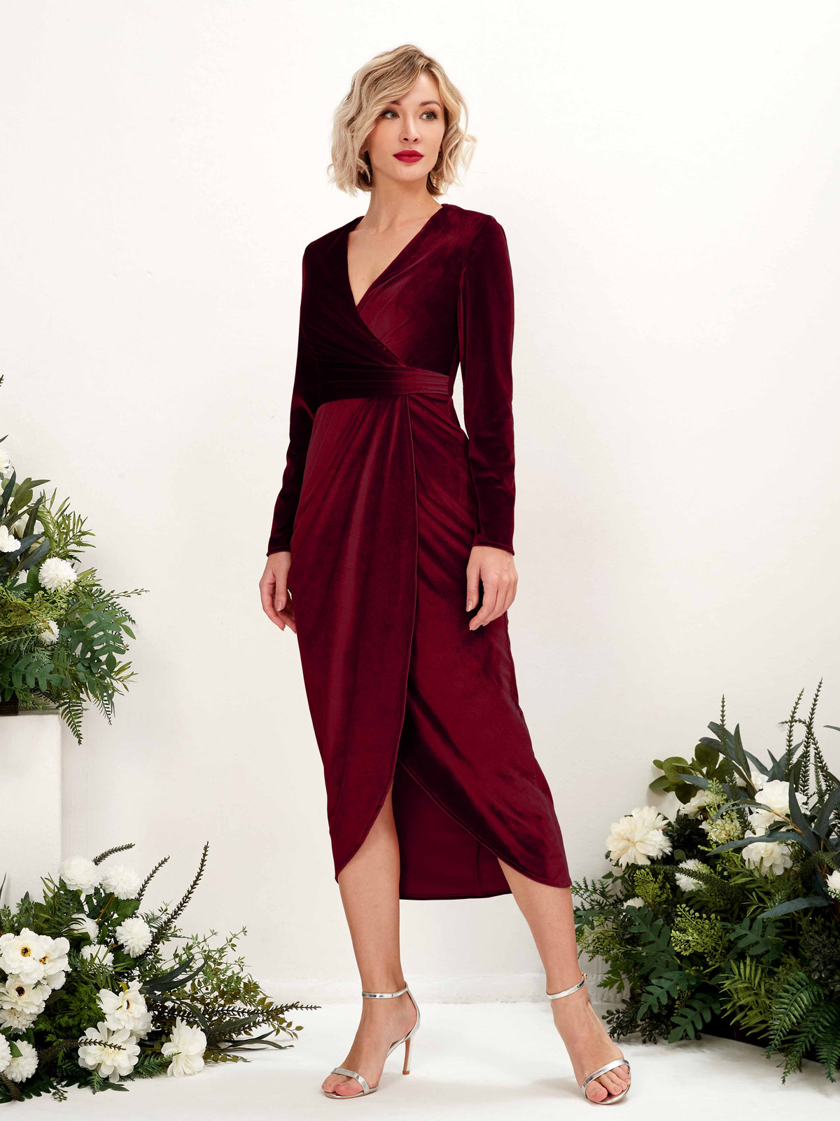 Elowen Velvet Dress with Wrap Front and Draped Skirt