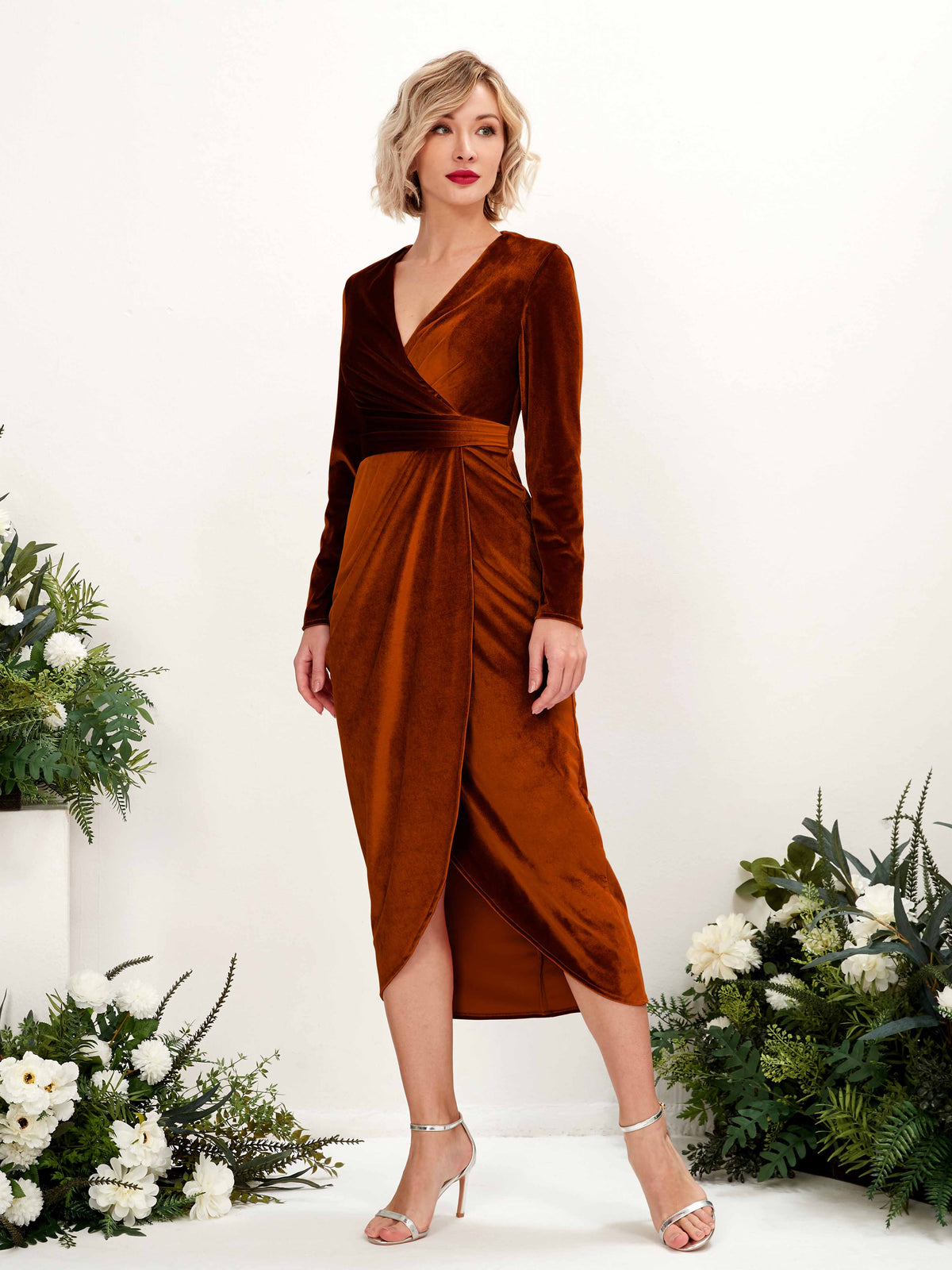 Elowen Velvet Dress with Wrap Front and Draped Skirt