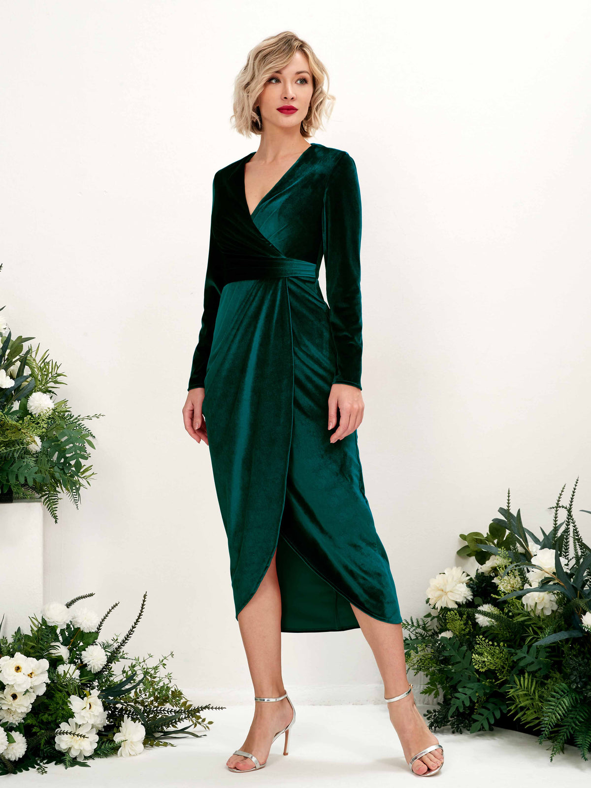 Elowen Velvet Dress with Wrap Front and Draped Skirt