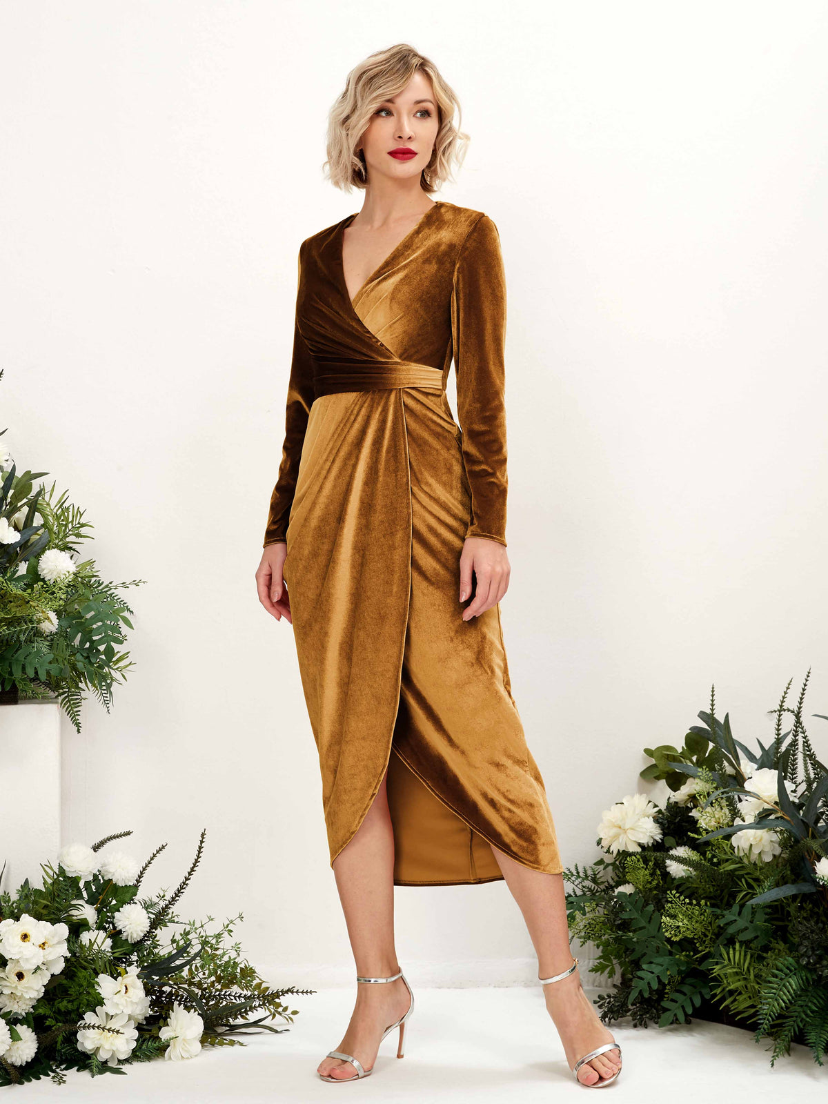 Elowen Velvet Dress with Wrap Front and Draped Skirt