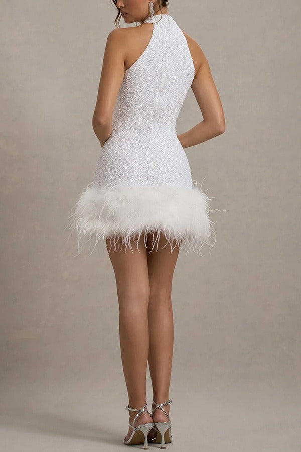 Elspeth Sequin Dress with High Neck and Feather Hem