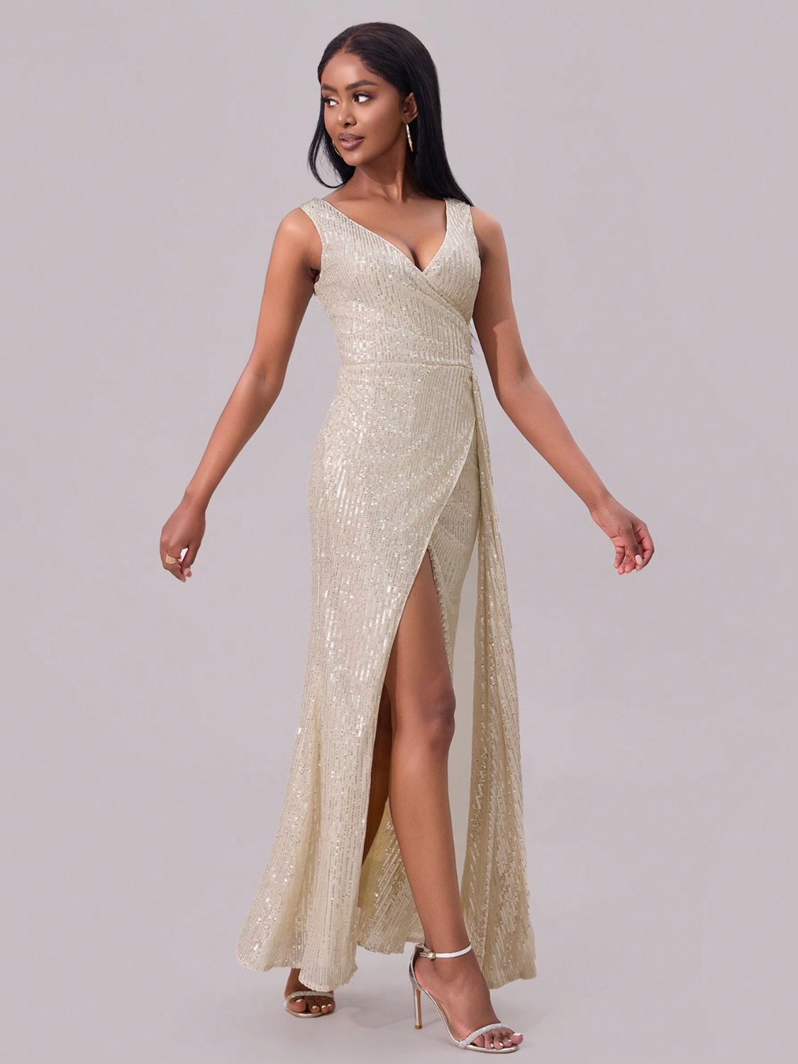 Blanche Sequin Dress with Surplice Neck and High Slit