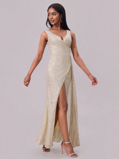 Blanche Sequin Dress with Surplice Neck and High Slit