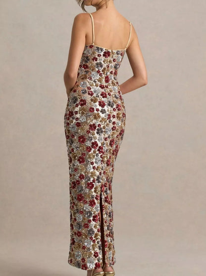 Stefania Sequin Dress with Floral Pattern and High Slit