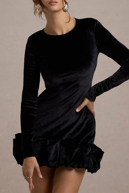 Dahlia Velvet Dress with Long Sleeves and Ruffle Hem