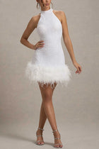 Elspeth Sequin Dress with High Neck and Feather Hem