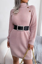Hedda Sweater Dress with Belted Waist and Shoulder Buttons