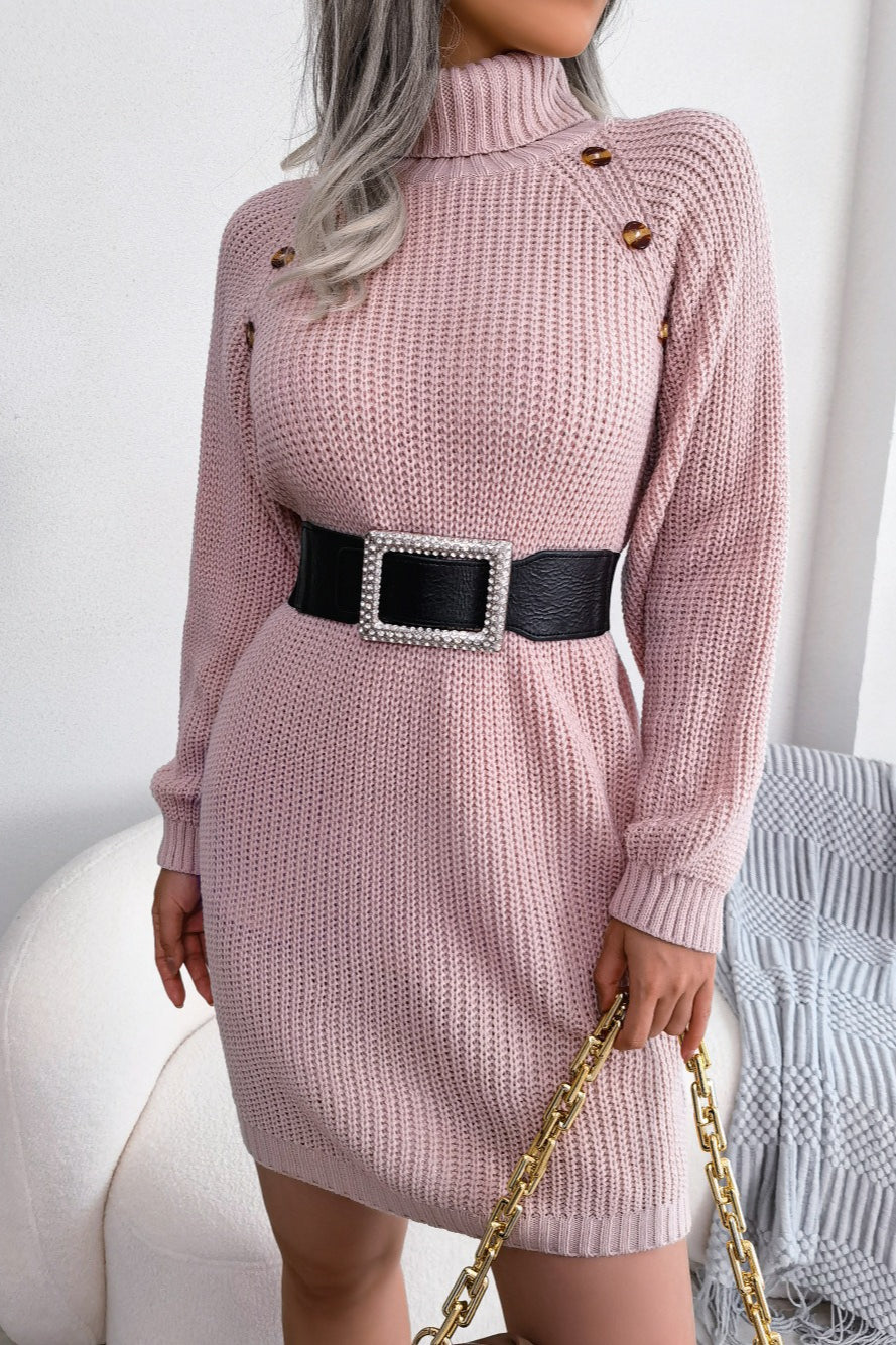 Hedda Sweater Dress with Belted Waist and Shoulder Buttons