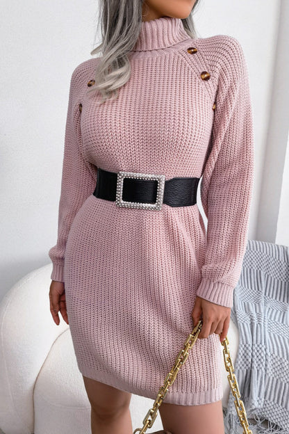 Hedda Sweater Dress with Belted Waist and Shoulder Buttons
