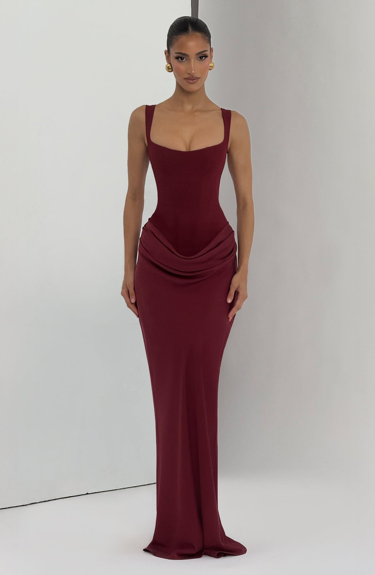 Remi Burgundy Dress with Square Neck and Satin Column