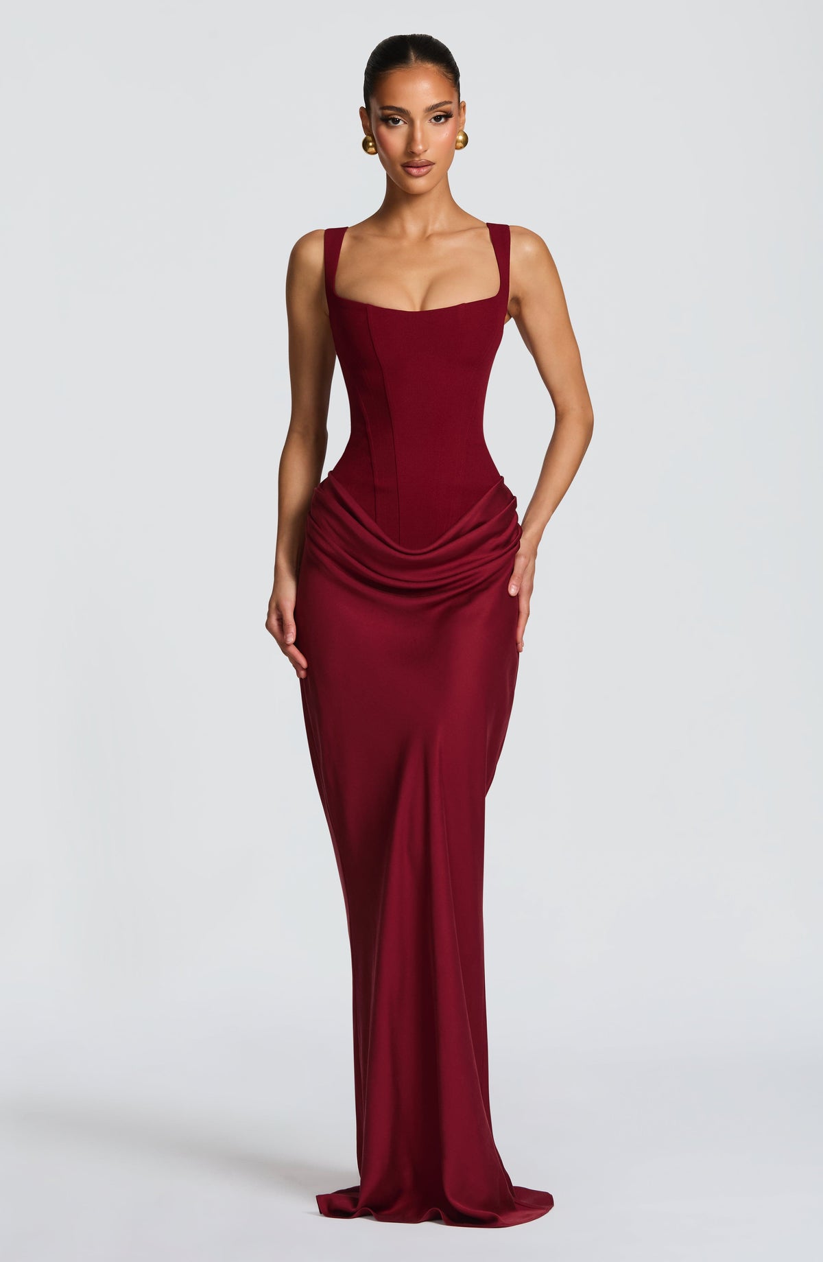 Remi Burgundy Dress with Square Neck and Satin Column