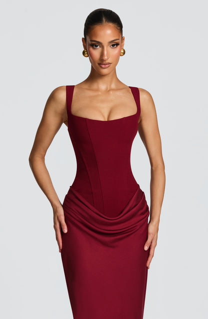 Remi Burgundy Dress with Square Neck and Satin Column