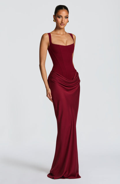 Remi Burgundy Dress with Square Neck and Satin Column