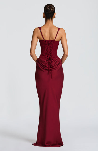 Remi Burgundy Dress with Square Neck and Satin Column
