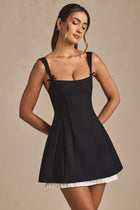 Anouska Black Mini Dress with Bow Straps and Pleated Skirt