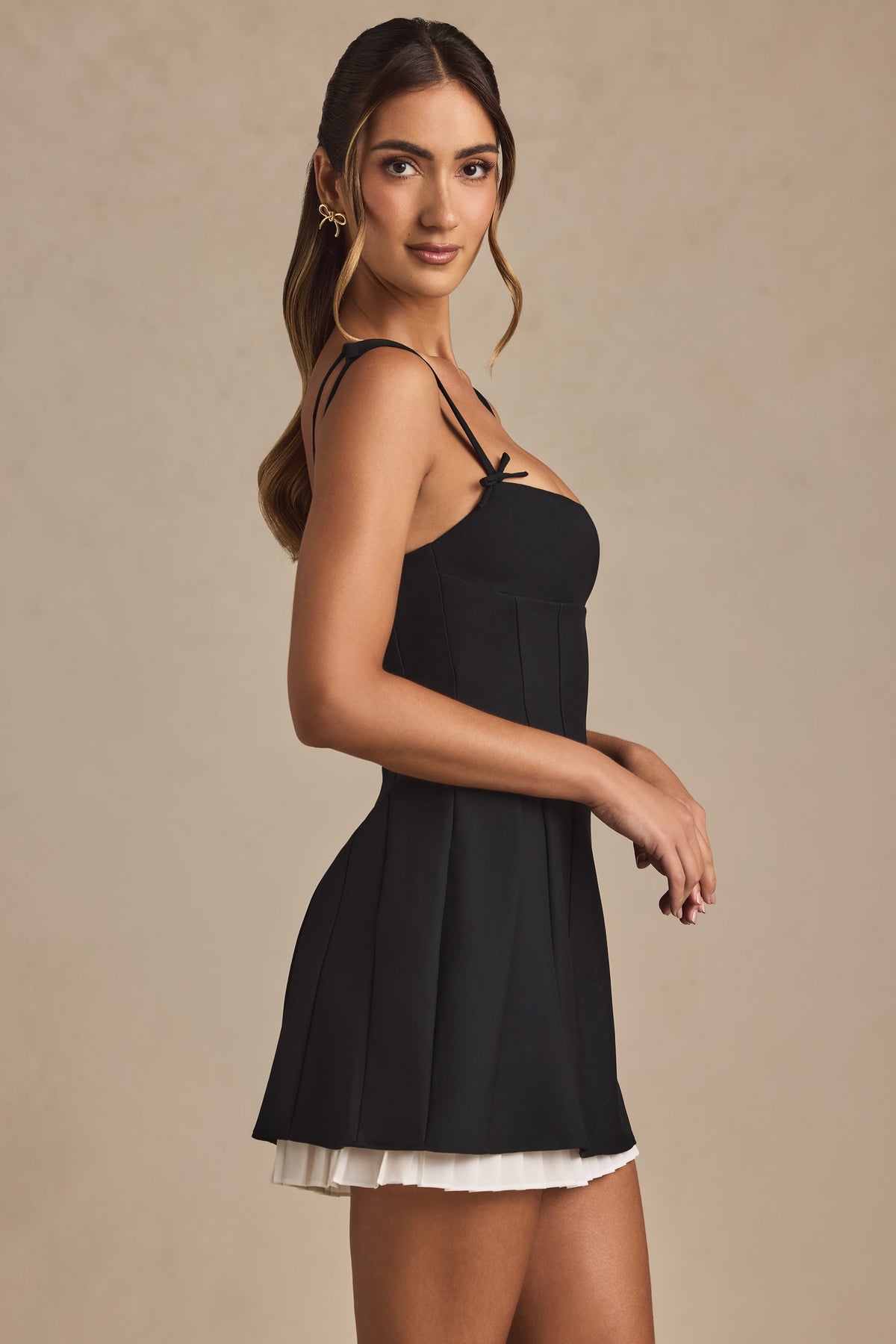 Anouska Black Mini Dress with Bow Straps and Pleated Skirt